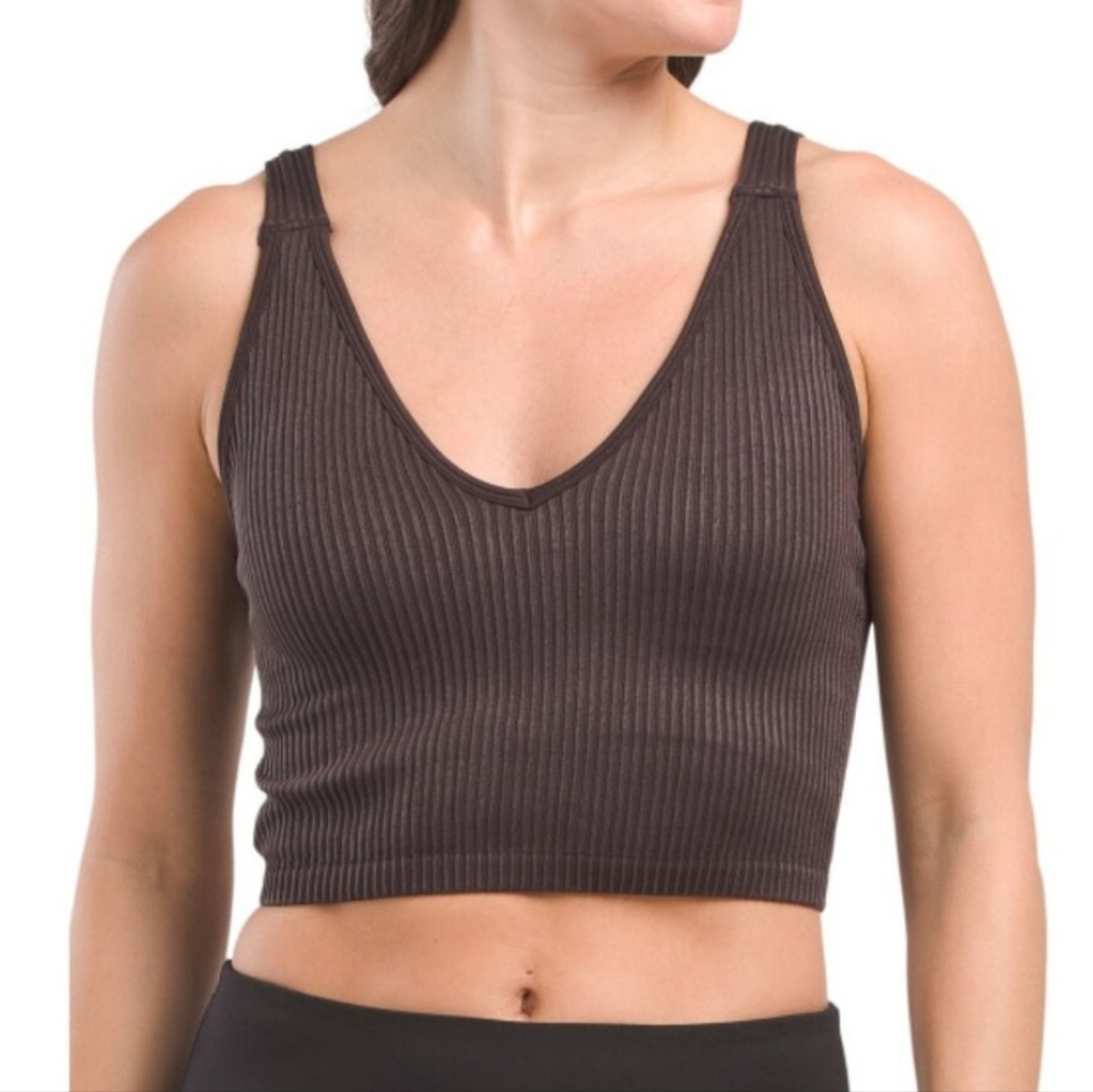 90 Degree By Reflex Brown Ribbed Seamless Crop Bra Tank NEW